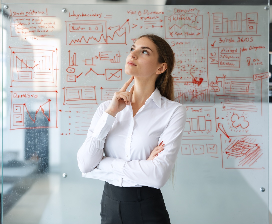 A professional brainstorming narrative ideas on a glass whiteboard