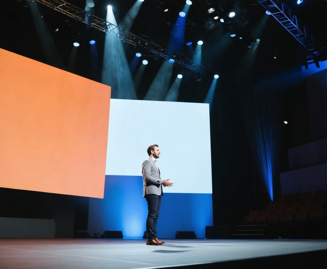 Confident professional speaking on a modern stage in Austin