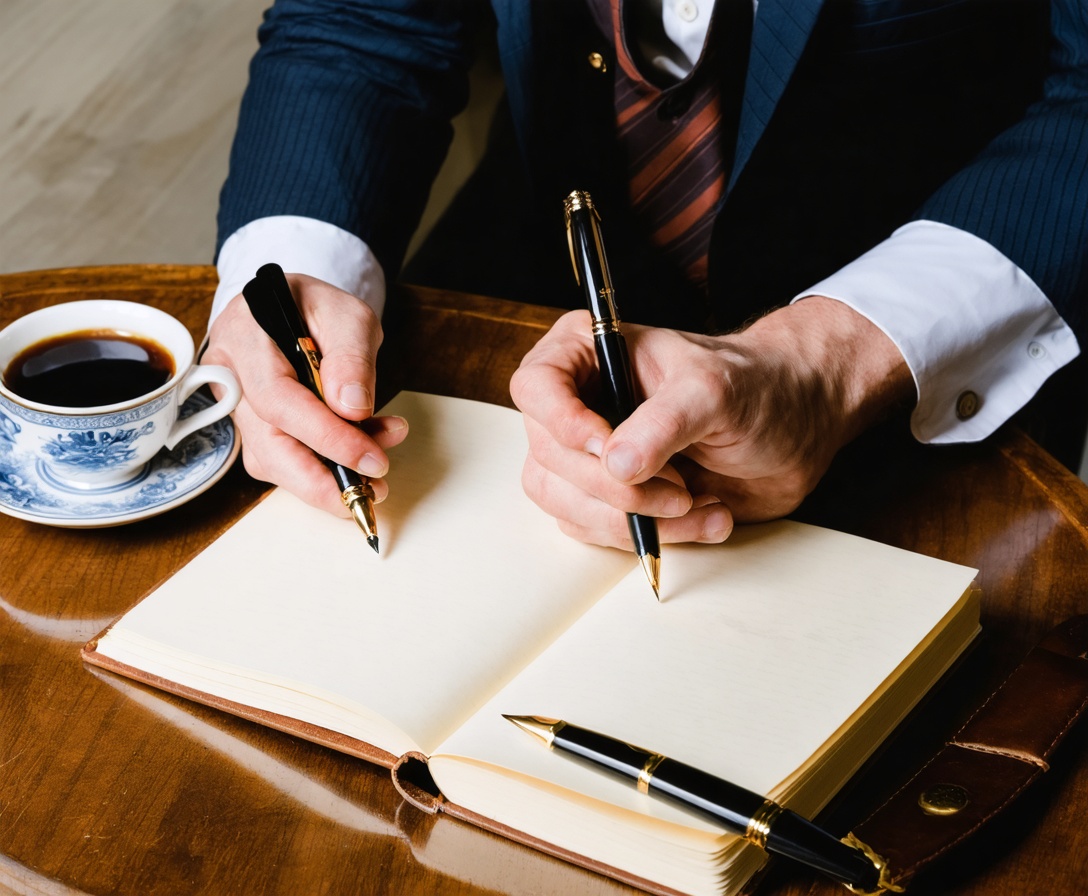 A person writing a speech in a leather-bound notebook