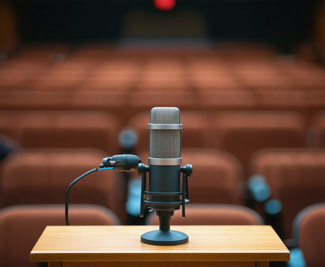 High-quality modern microphone on a wooden podium in a professional setting